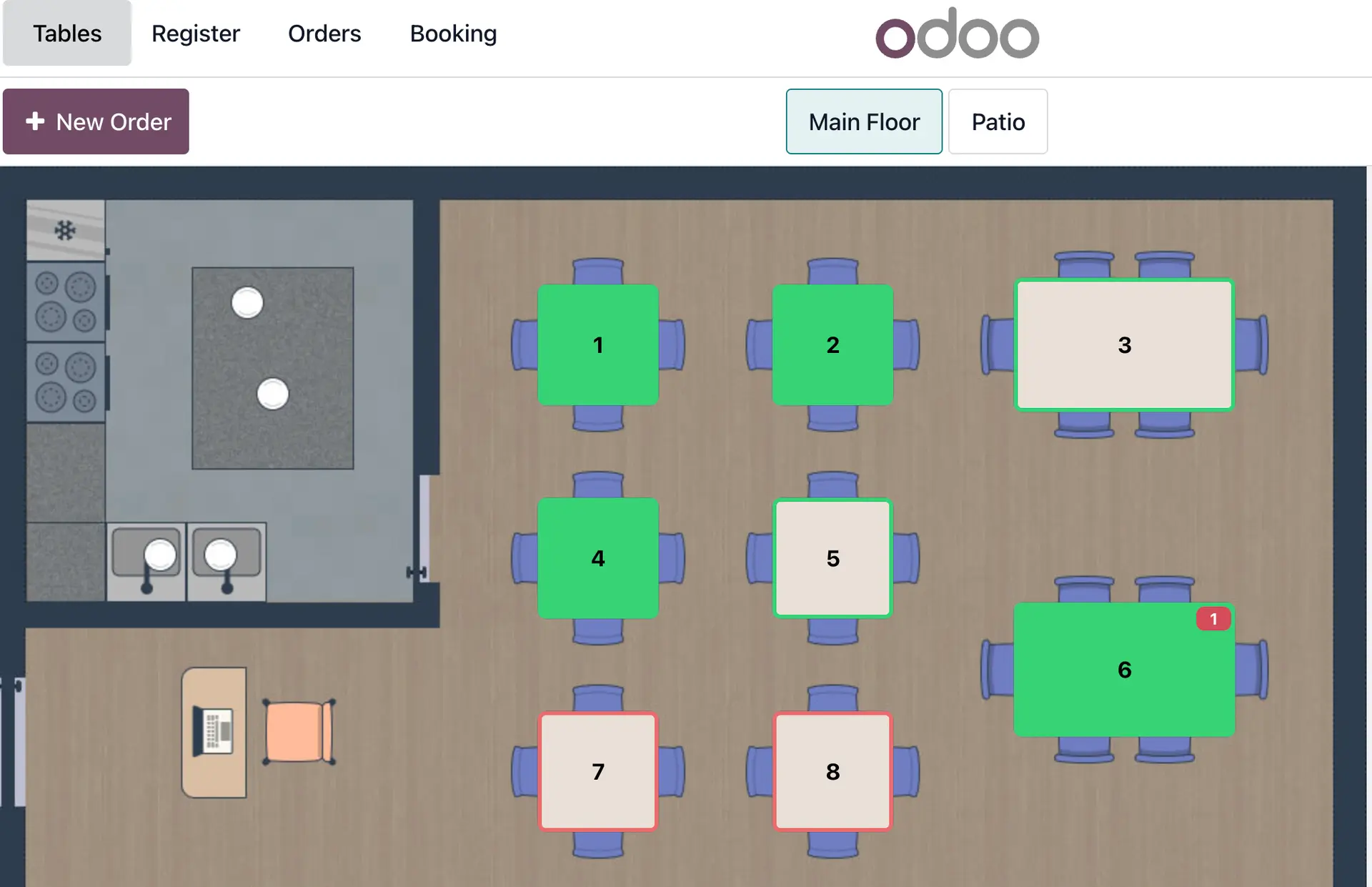 Odoo kassasüsteemi restorani planeeringu vaade laudade ja saalidega